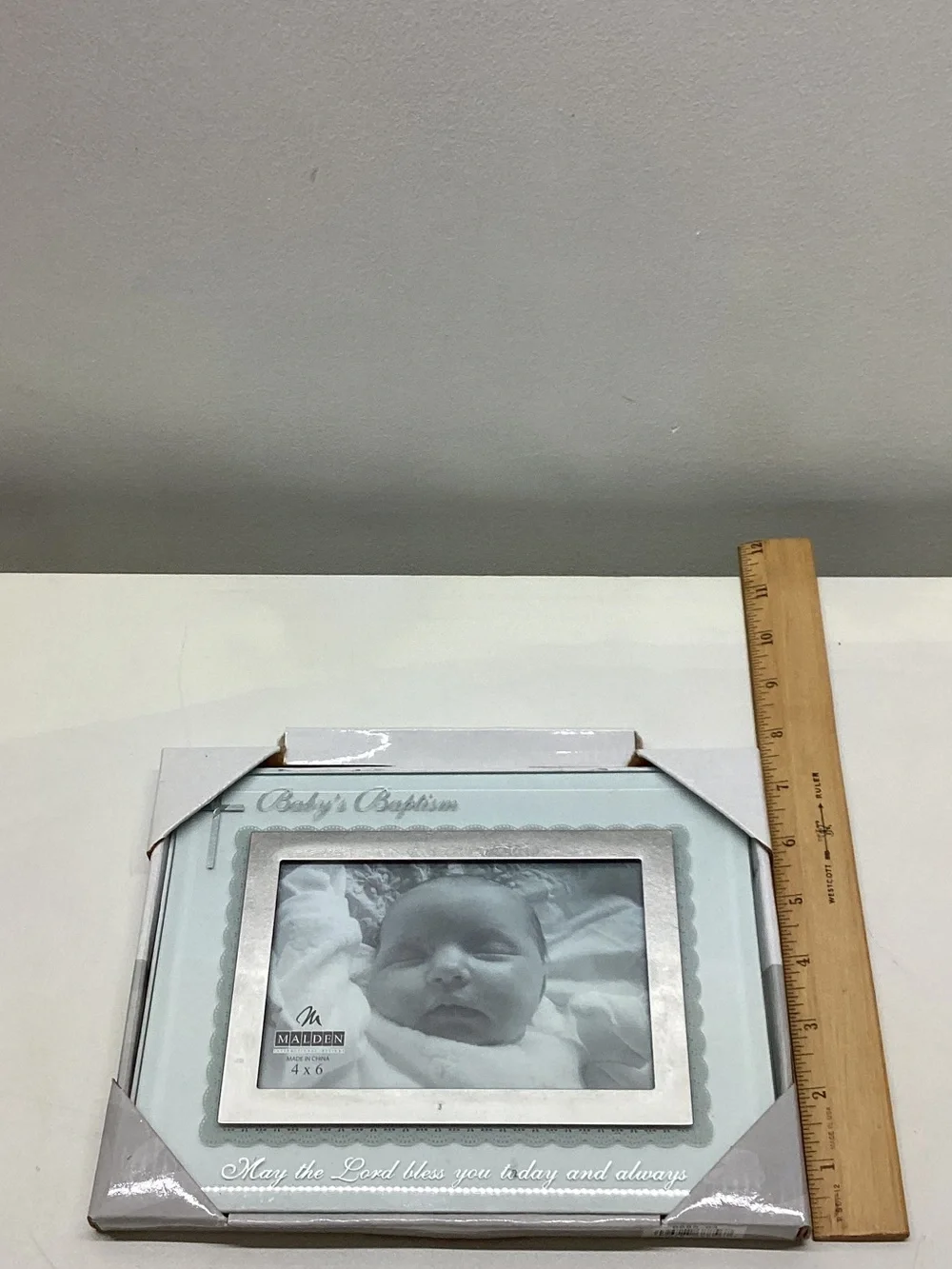NIB Malden Clear and Silver Baby Baptism Glass Picture Frame